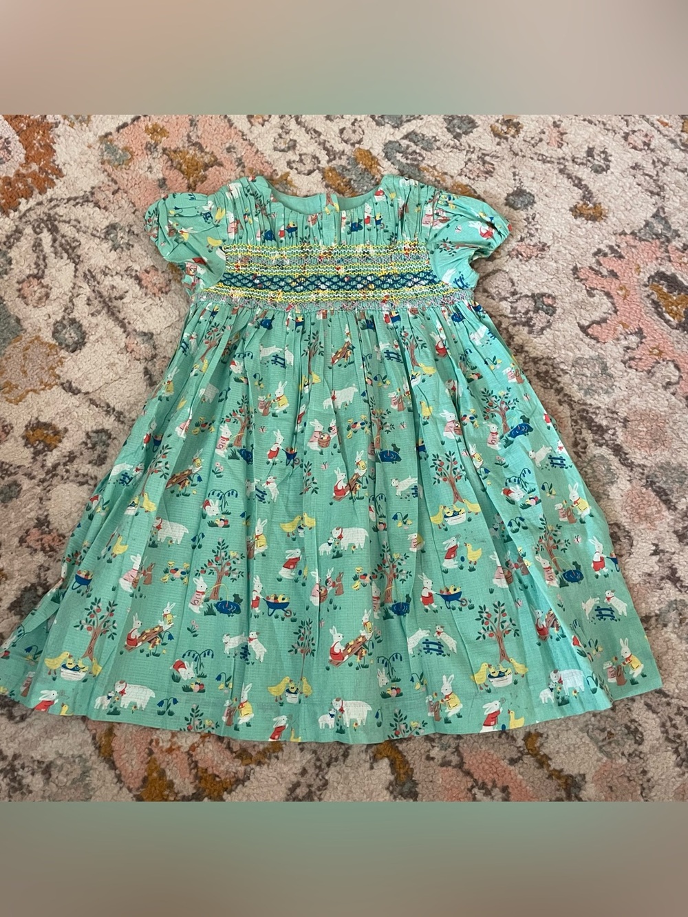 Mini Boden Mint Green Smocked Farmanimal Dress Sheep and Bunnies.
